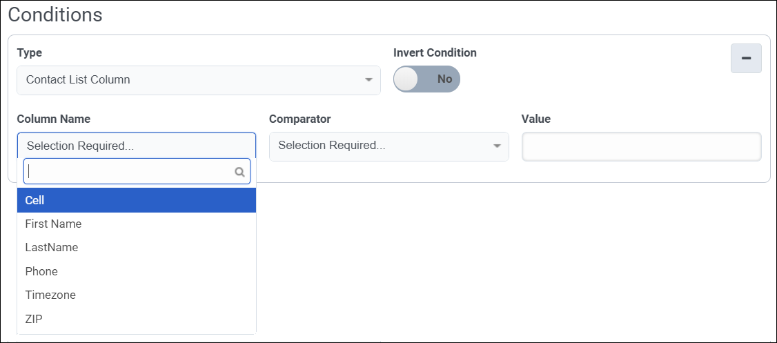 figure shows selection of specific contact column for a rule