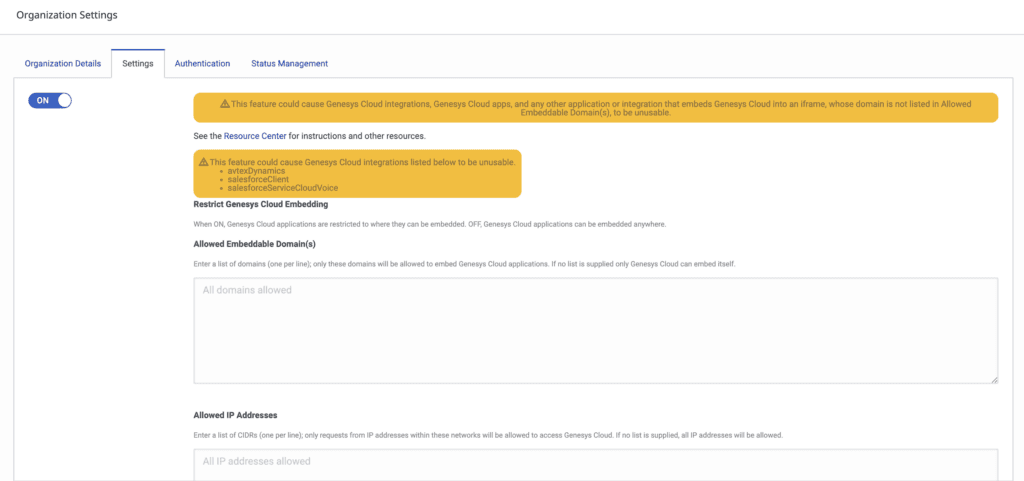 This image is a screenshot of the organization settings that shows the restricted Genesys Cloud embedding.