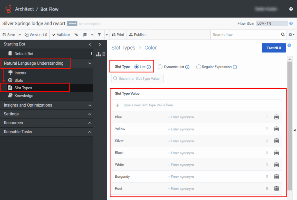 Use custom list slot types in a bot flow - Genesys Cloud Resource Center