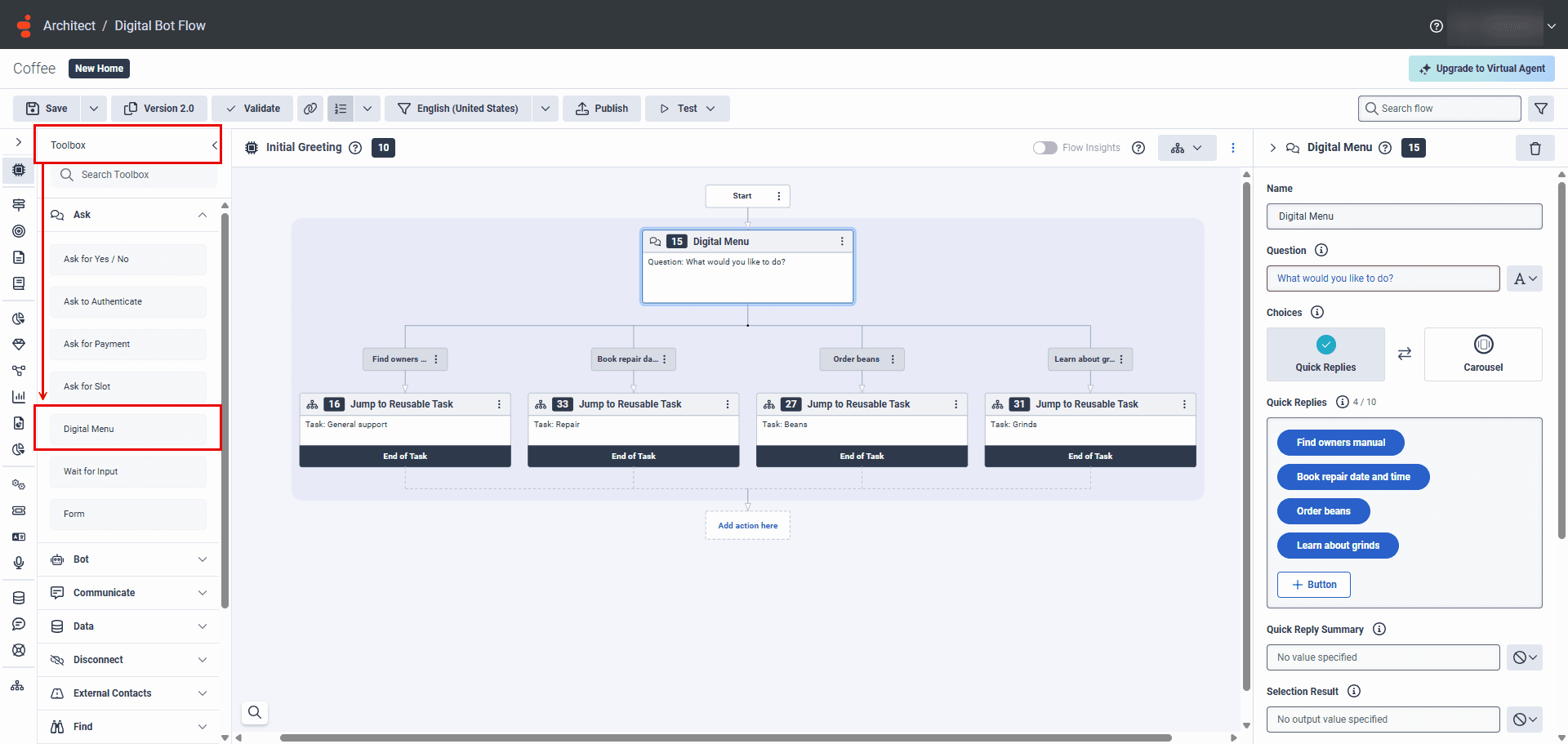 Build a primary digital menu for all tasks in Genesys Digital Bot Flows ...