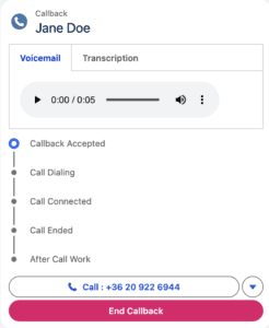 This image is a screenshot of the callback operations in the interaction panel in  the contact center app of Salesforce Service Cloud Voice console.