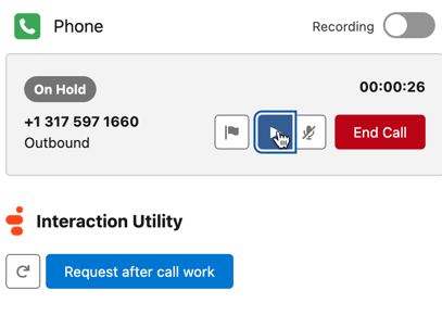 This image is a screenshot of the interaction utility that shows the Request after call work option selected.
