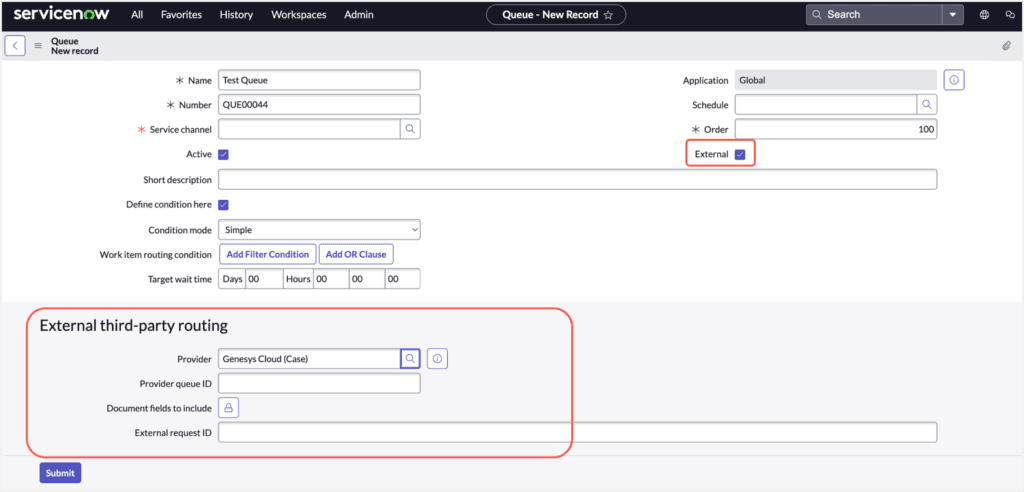 This image is a screenshot that shows how to create a queue that is externally routed in ServiceNow UI.