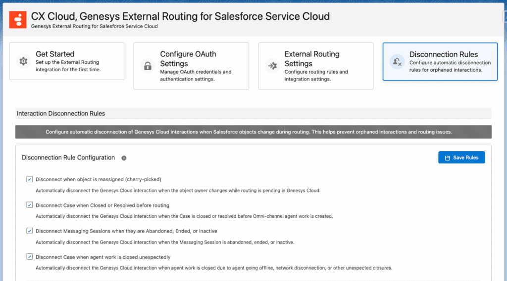 This image is a screenshot of the dicsonnect rules option in External Routing package setup in Salesforce Service Cloud voice.