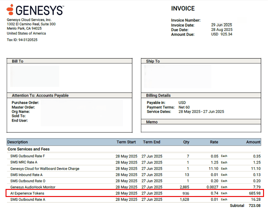 AI token pricing invoice example