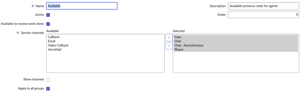 This image is a screenshot of the Available presence status in ServiceNow UI that shows the messaging service channel added to the selected list.