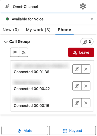 This image is a screenshot of the Omni-Channel widget in Service Cloud Voice console that shows a multiparty call in progress.