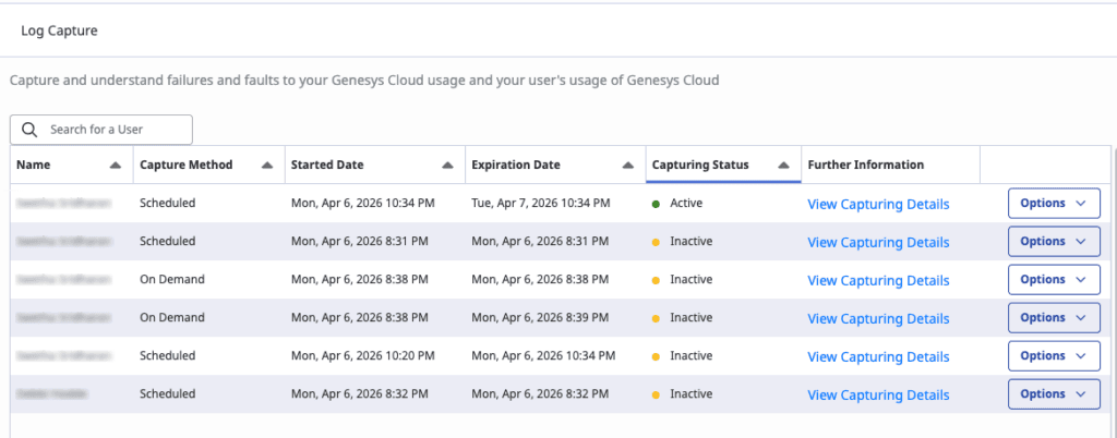 Log Capture page