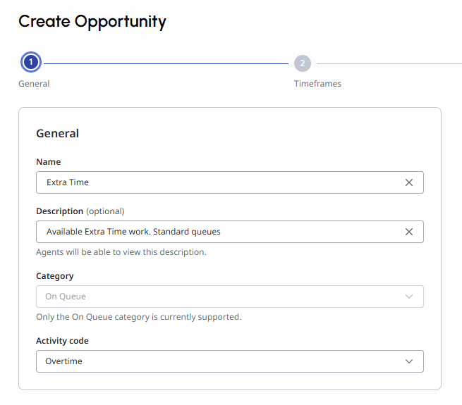 Displays the General section of the Create Opportunities page