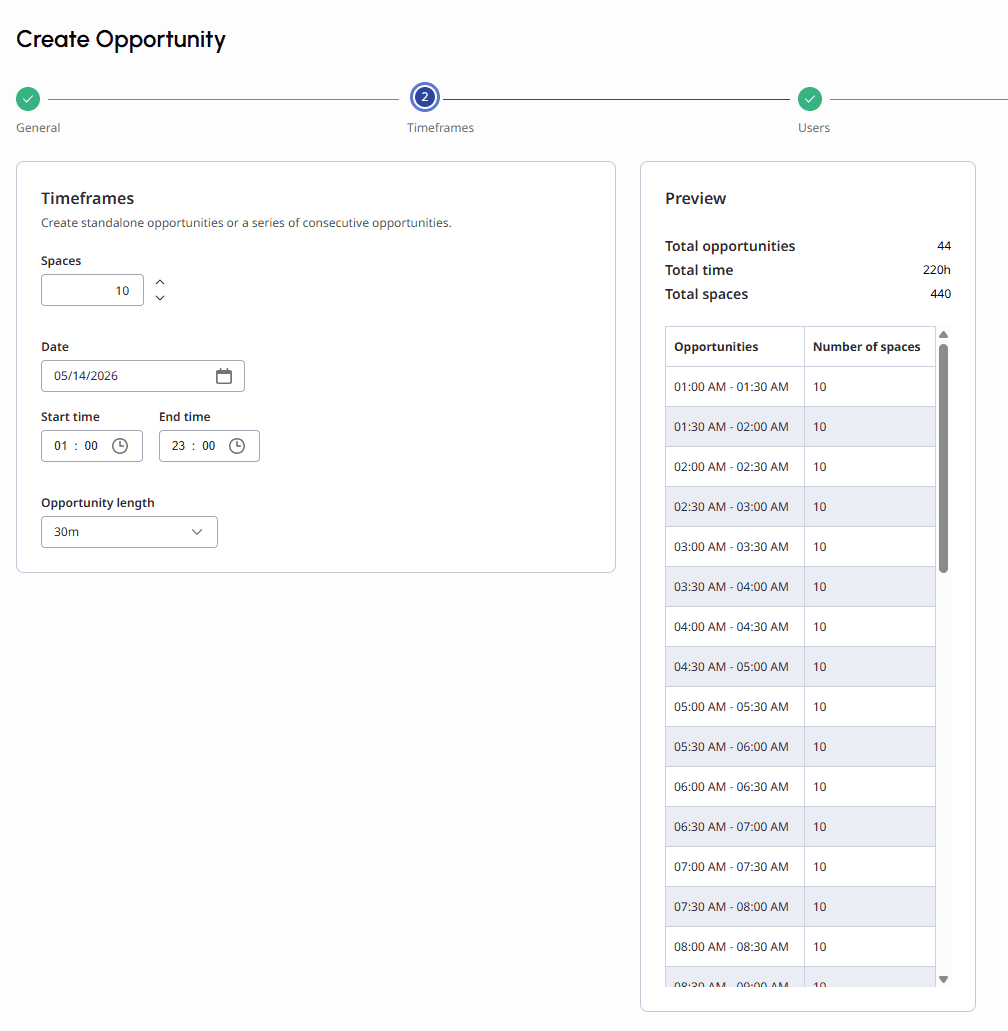 Displays the Timeframes section
