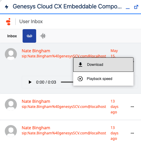 This image is a screenshot of the download option available in the voicemail component in the CX Cloud.