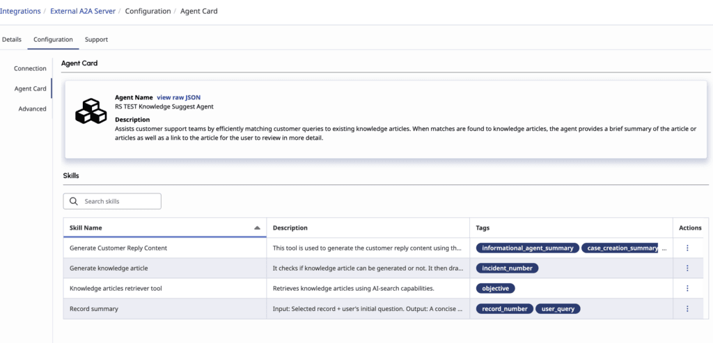This image is a screenshot of the Agent Card in the External A2A Server integration in Genesys Cloud.