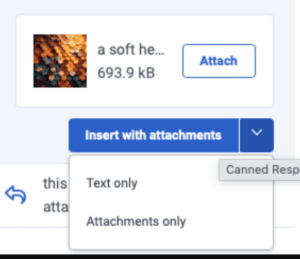 Click to enlarge. An image showing attachment section in the canned response panel.