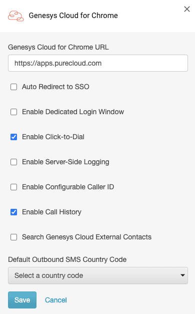Click to enlarge. Settings for Genesys Cloud for Chrome
