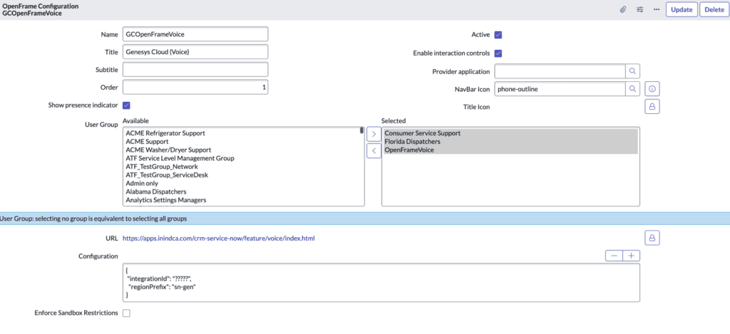 Click to enlarge. This image is a screenshot of the OpenFrame configuration in ServiceNow.