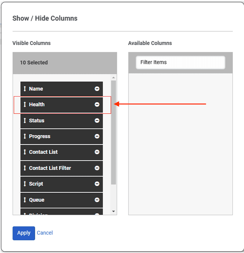 Click to enlarge. New show/hide health column option