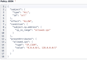 Click to enlarge. Screenshot showing policy JSON of Allowed IP address policy.