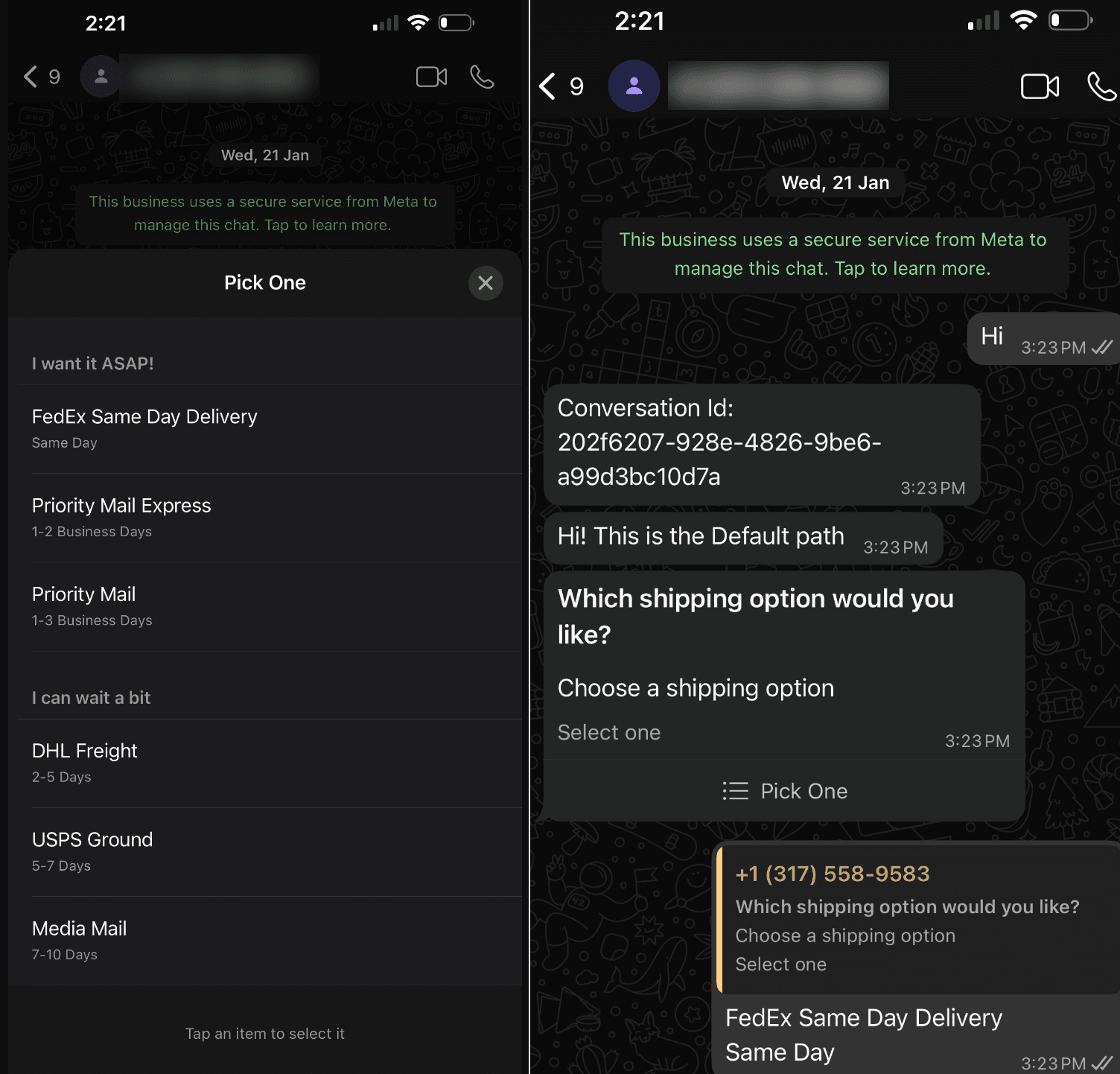 Click to enlarge. List picker in WhatsApp conversations