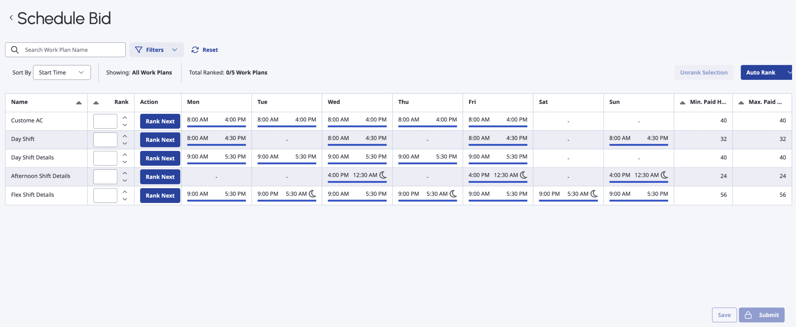 Click to enlarge. Displays the schedule bid for work plans page.