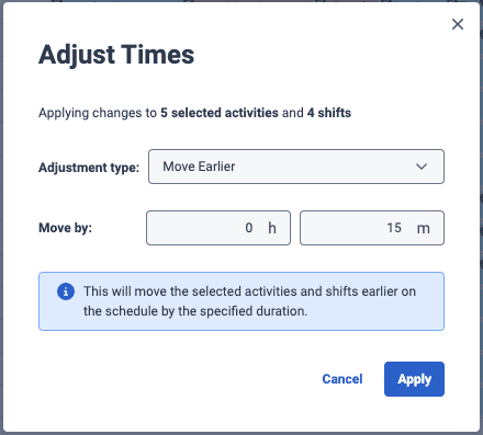 Click to enlarge. Displays the adjust times dialog box.