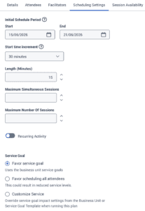 Click to enlarge. Displays the fields in the Scheduling Settings tab