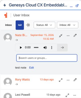 Click to enlarge. This image is a screenshot of the User Inbox component in CX Cloud.