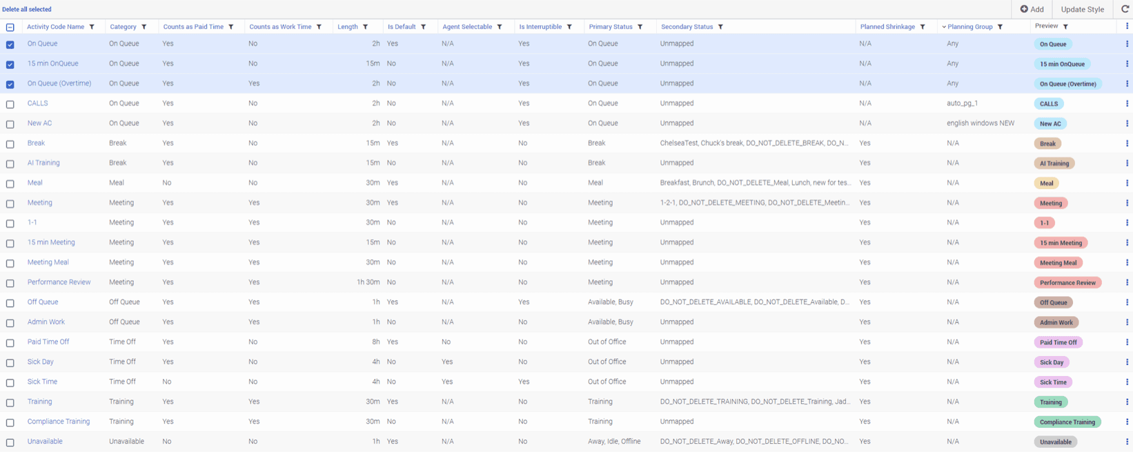 Click to enlarge. Activity Codes list with multiple activities selected and Update Style button visible
