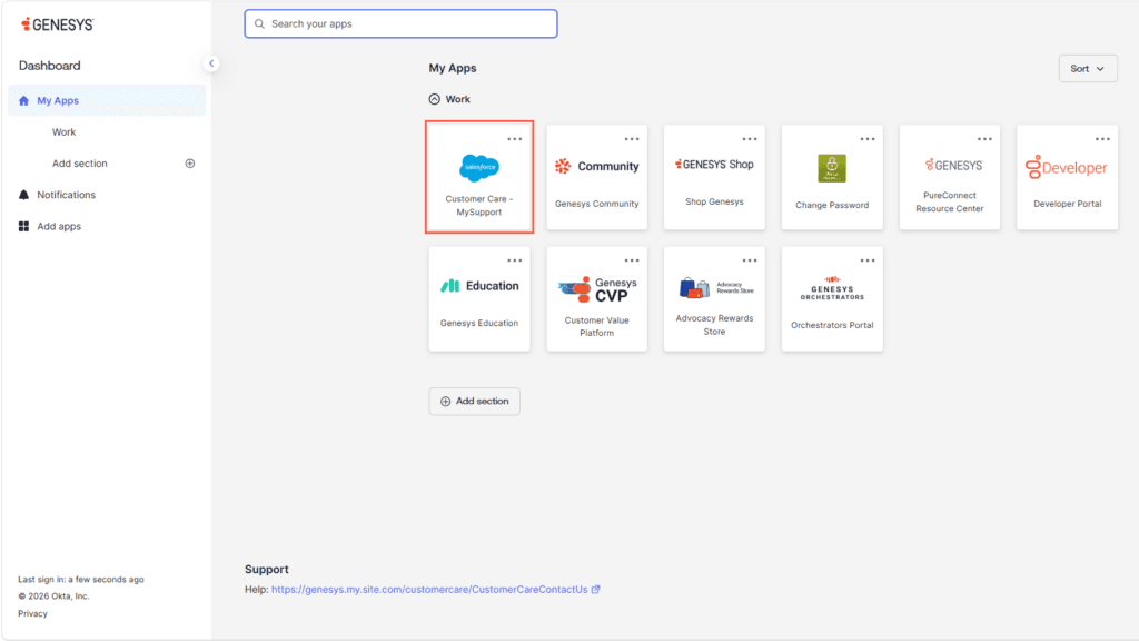 Click to enlarge. Customer Care MySupport tile in the Genesys Okta portal