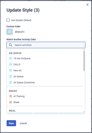 Click to enlarge. Displays the update style dialog box for match another activity
