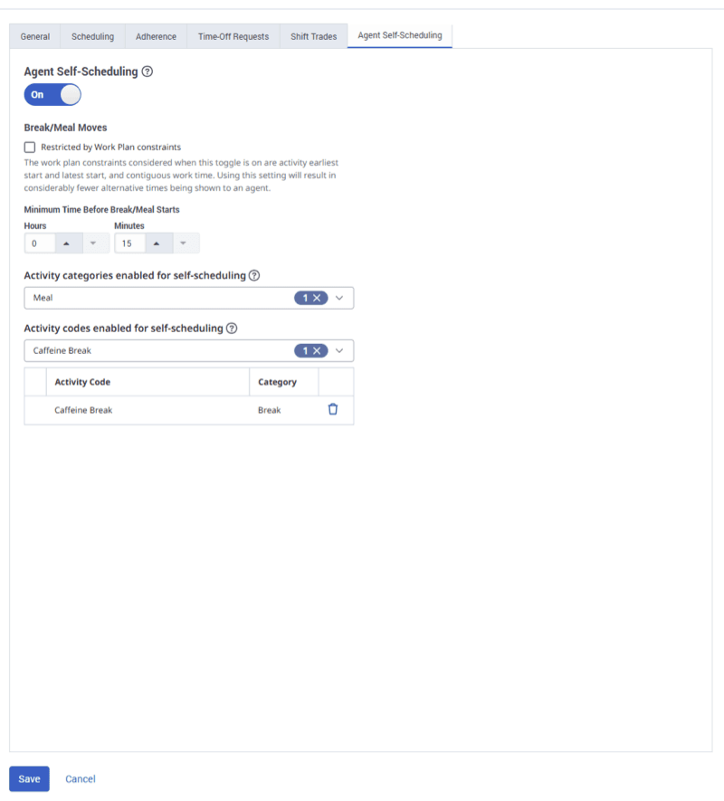 Click to enlarge. Displays the Agent Self Scheduling tab in the Management Unit