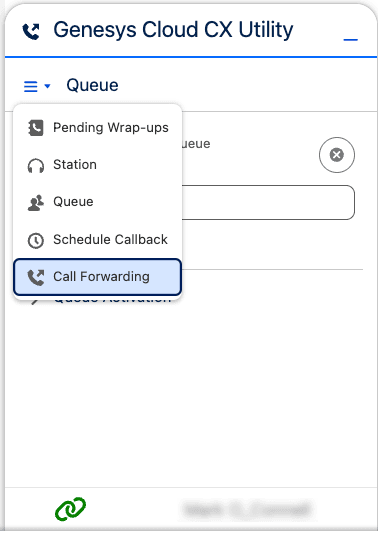 Click to enlarge. This image is a screenshot of the call forwarding option in the Genesys Cloud Utility.