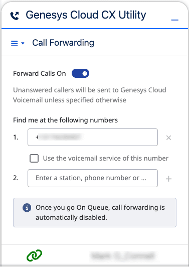 Click to enlarge. This image is a screenshot of the call forwarding option in the CX Cloud.