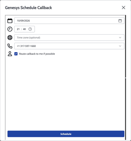 Click to enlarge. This image is a screenshot of the Genesys Schedule Callback widget that opens in the ServiceNow UI.