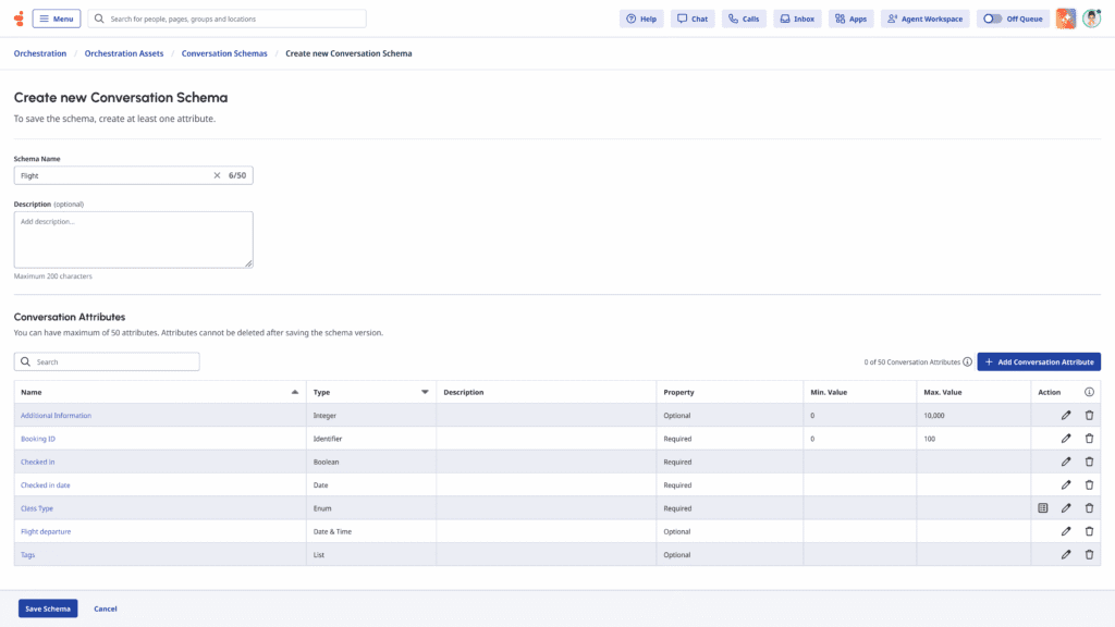 Creating Conversations Gcu Conversation Attribute Schema Management interface - Genesys Cloud ...